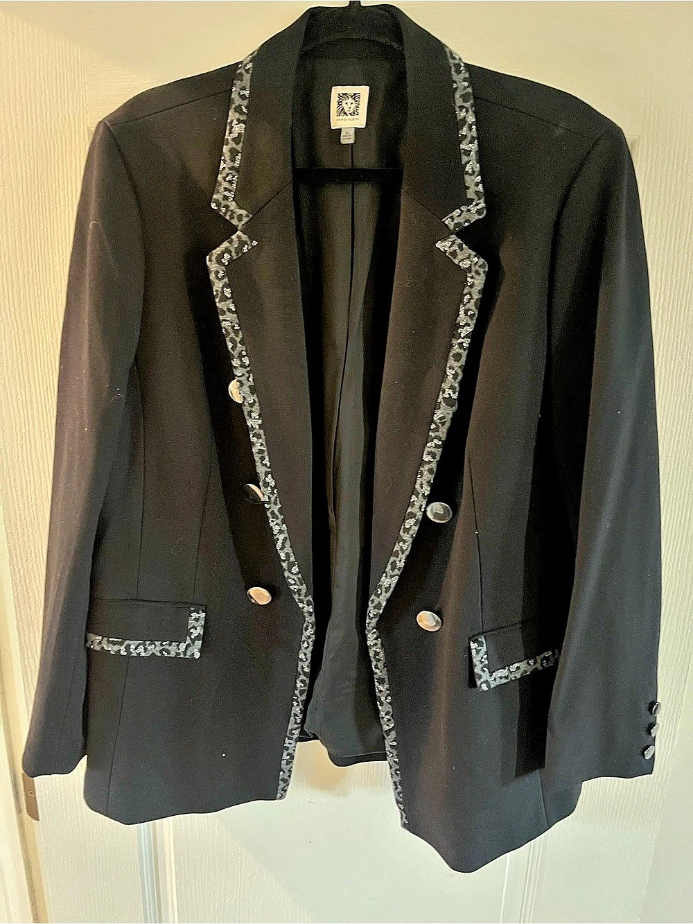 Anne Klein Leopard Trim Faux Double Breasted Blazer Black